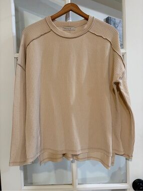 Zenana Outfitters Beige Ribbed Long Sleeve Tee S/M